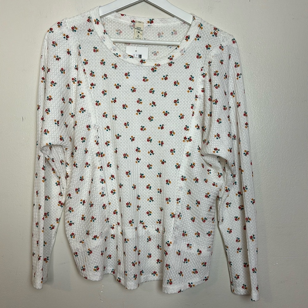 Lazy Sundays Floral Print Relaxed Fit Waffle Dolman Sleeve Round Neck Top